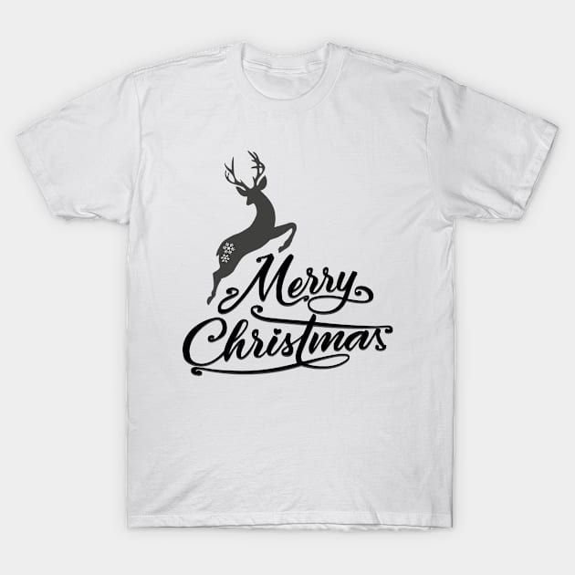 Christmas And New Year Graphic Design, Wild Animal Illustration, Christmas Hand Lettering, Jumping Deer And Snowflake Ornamental Clipart, Black And Grey Version T-Shirt by Modern Art